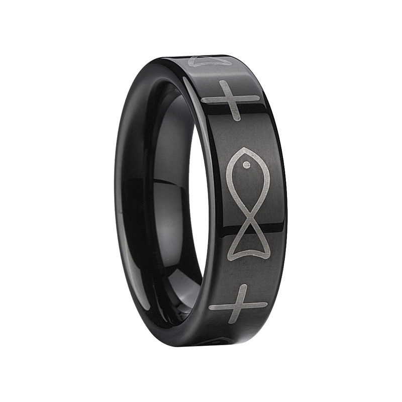 Flad Tungsten Fish and Crosses Design Ring