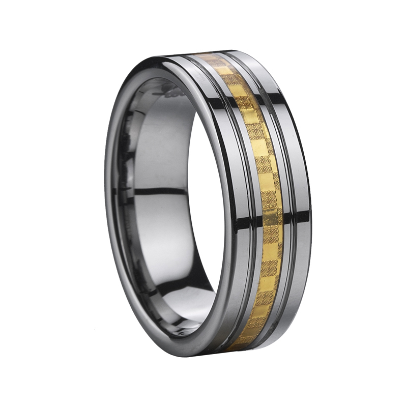 แหวนแต่งงานทังสเตนแบนพร้อมแผ่นโลหะสีทองและร่องคู่