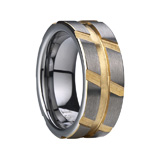Aliança de casamento de tungstênio com padrão de pneu gravado banhado a ouro