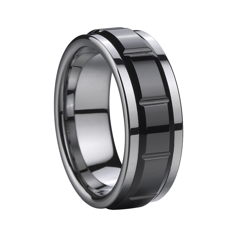 Inlaid black ceramic comfort fit wedding ring in tungsten carbide