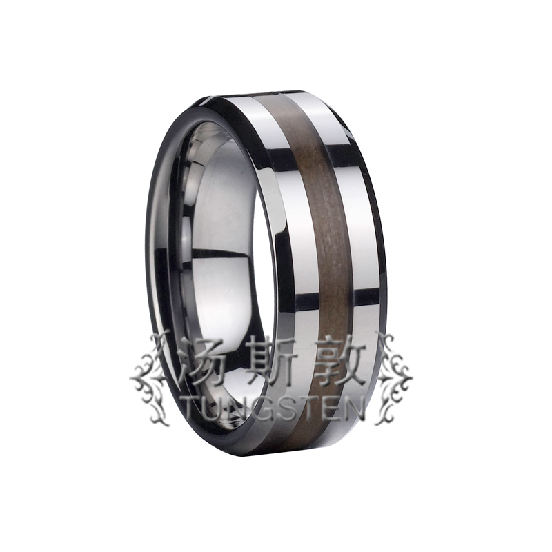 Inlaid Tungsten Ring with Wood and Beveled Edges