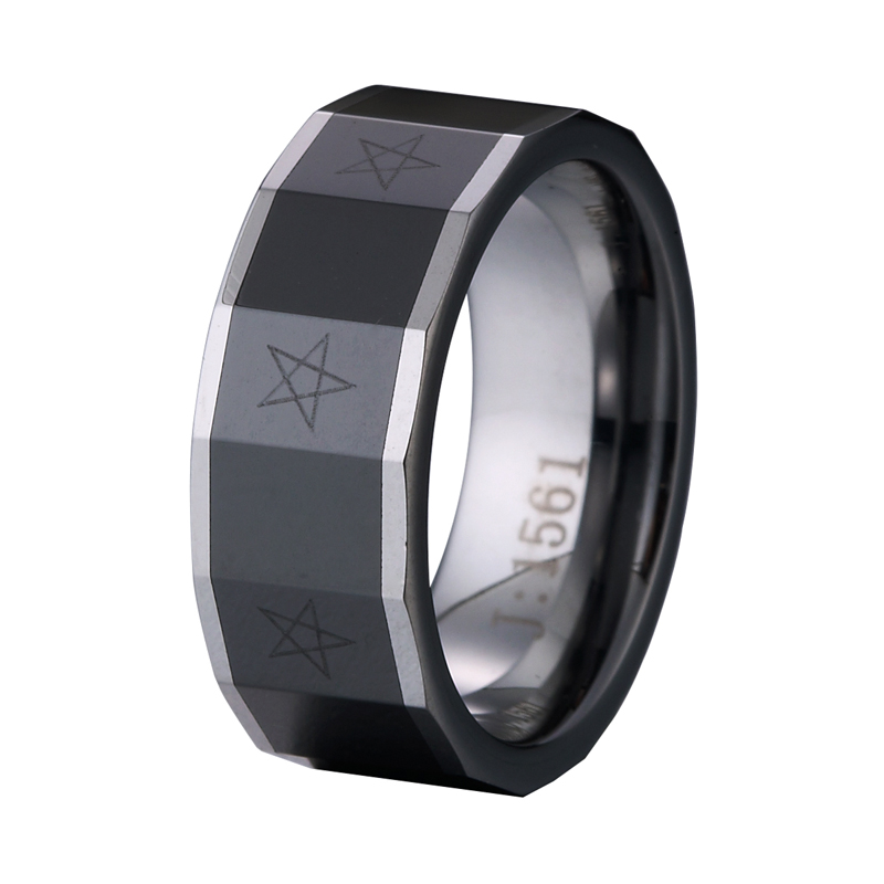 Men's faceted tungsten carbide ring with black ceramic and five-pointed star