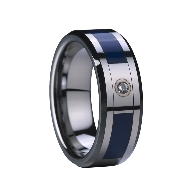 Mens Tungsten Zircon and Blue Ceramic Center Ring