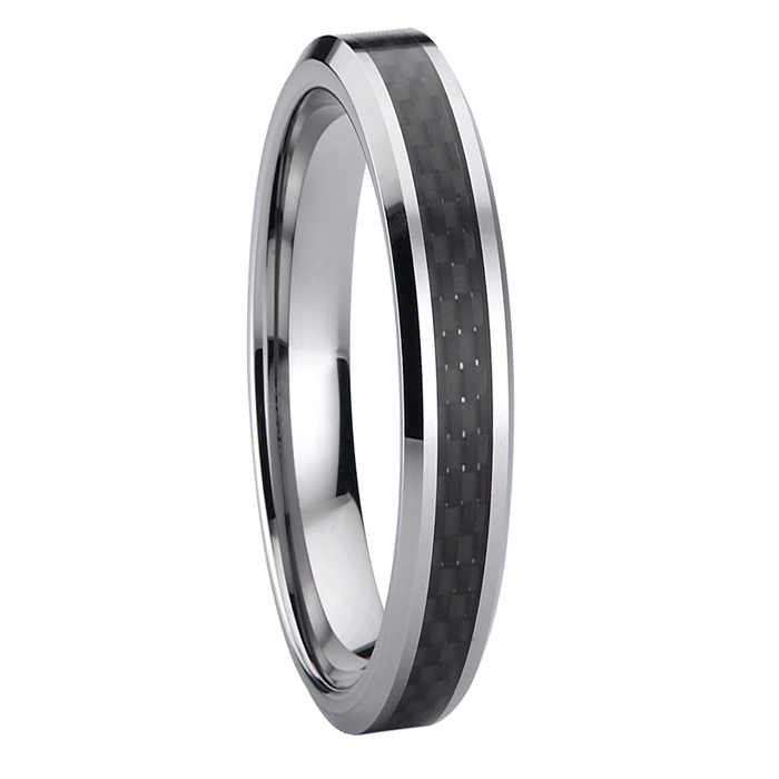 Mens Tungsten Ring Carbon Fiber Wedding Band Beveled Edges Comfort fit 4MM