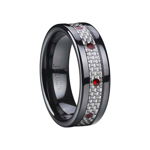 Mystique Silver Carbon Fiber And crystal stone Inlaid Ceramic Ring 8mm