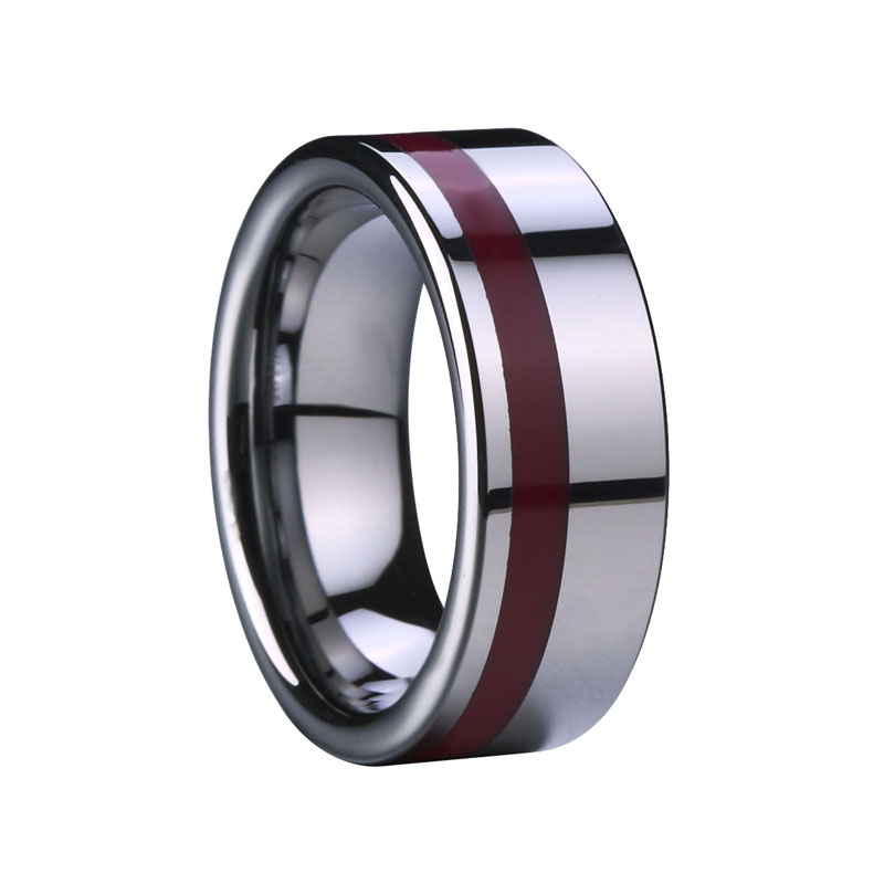 Natural Red Resin Inlaid Flat Tungsten Ring