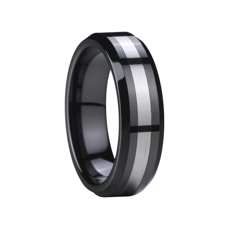 New York Benchmark Polished Tungsten Inlaid Beveled Polished Ceramic Ring