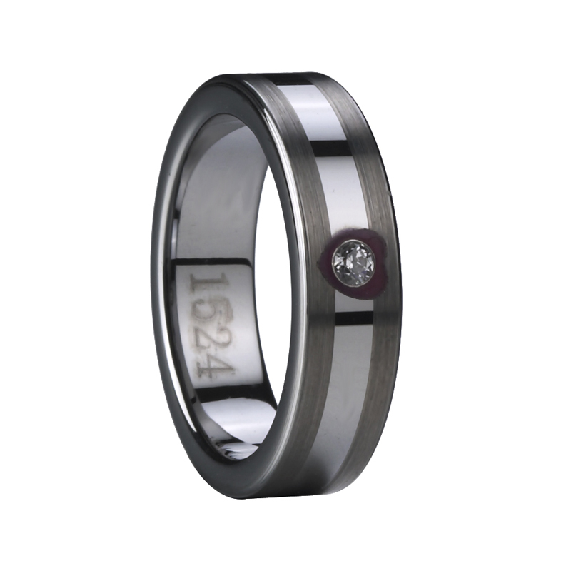 One Zircon with Brushed Stripe Tungsten Wedding Ring