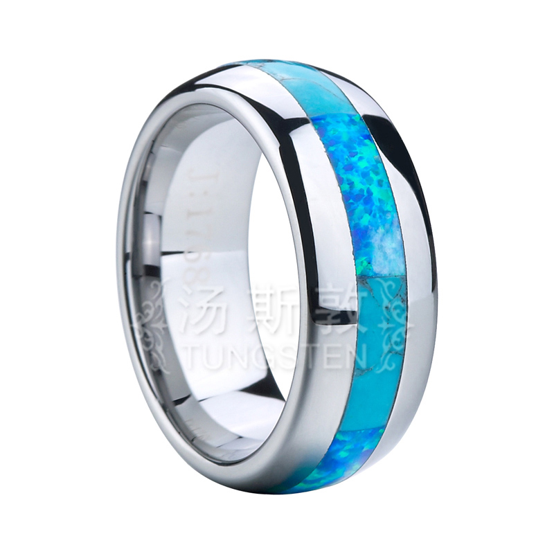 Opal and Turquoise Inlaid Domed Tungsten Ring