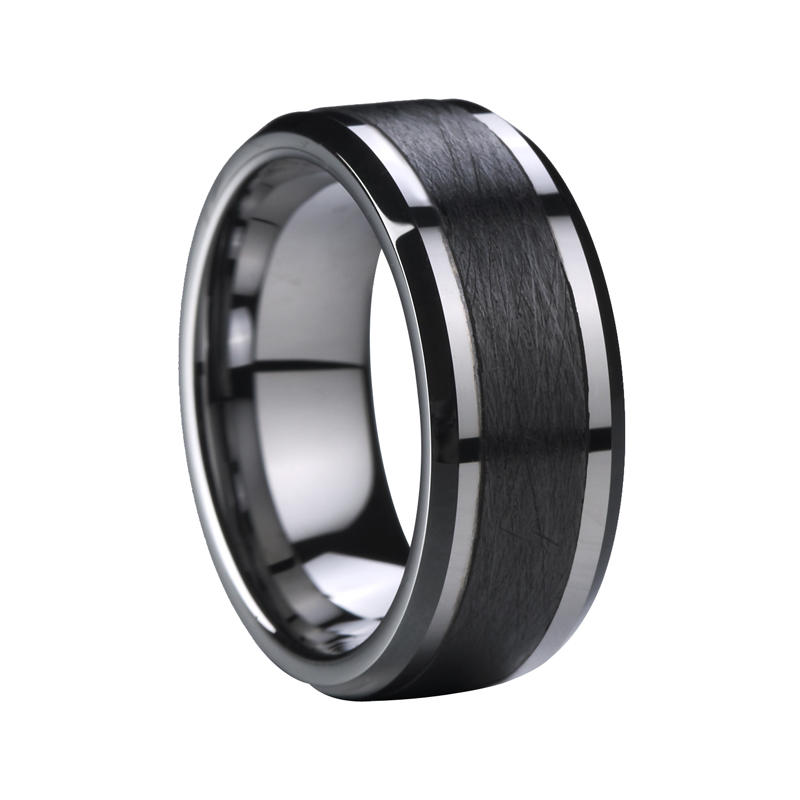Phoenix Tungsten Ring with Beveled Edges and Black ceramic Inlay