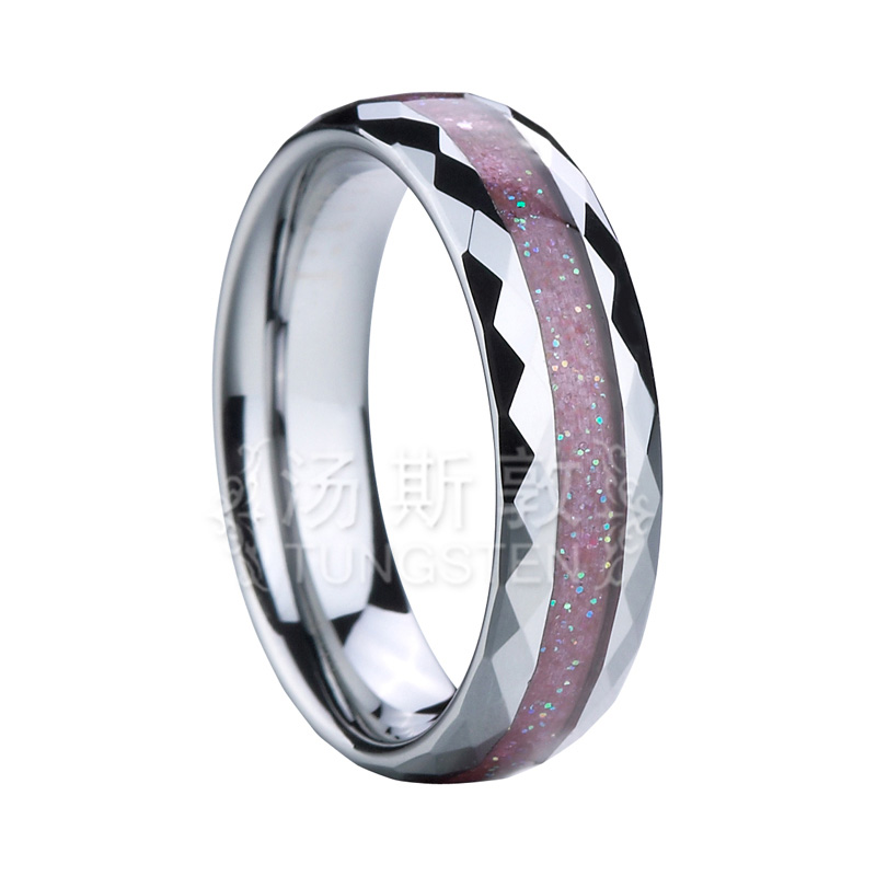 Pink Carbon Fiber Inlaid Tungsten Ring with Faceted Edges