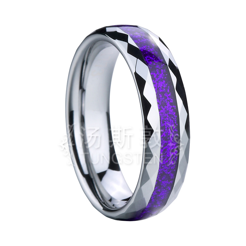 Purple Carbon Fiber Inlaid Tungsten Ring with Faceted Edges