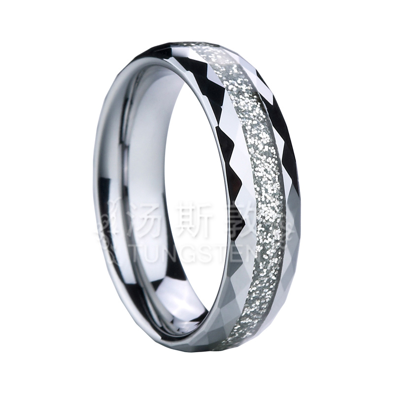 Silver Carbon Fiber Inlaid Tungsten Ring with Faceted Edges