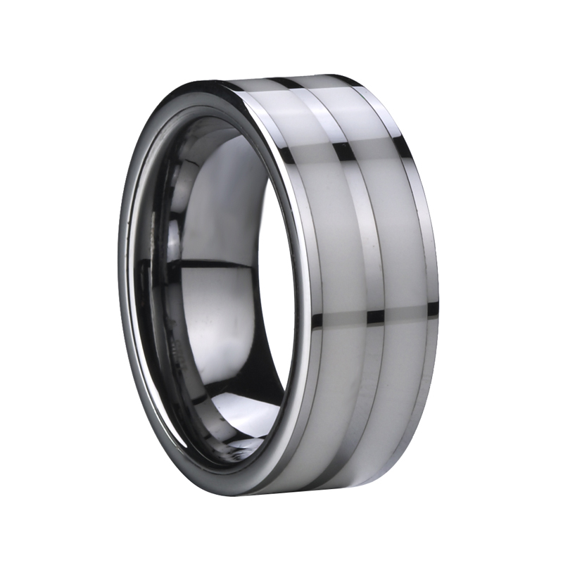 Silvery white tungsten wedding ring inlaid double ceramic