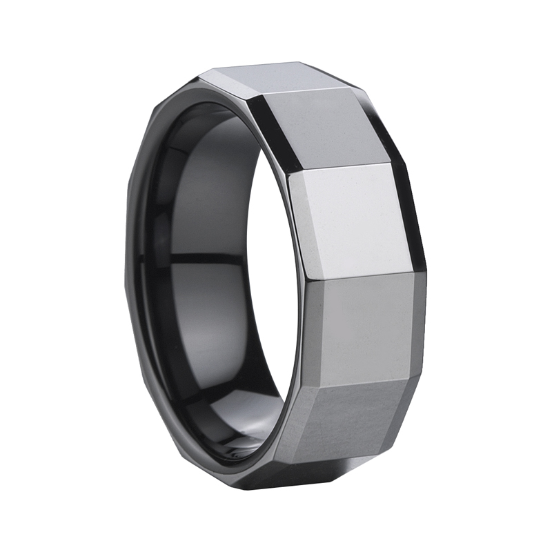 Square Facet Comfort Fit Tungsten Wedding Ring bertatahkan keramik hitam