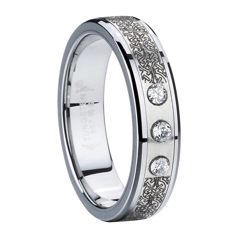 Tungsten Carbide Ring with Laser Stainless Steel and 3 Stone