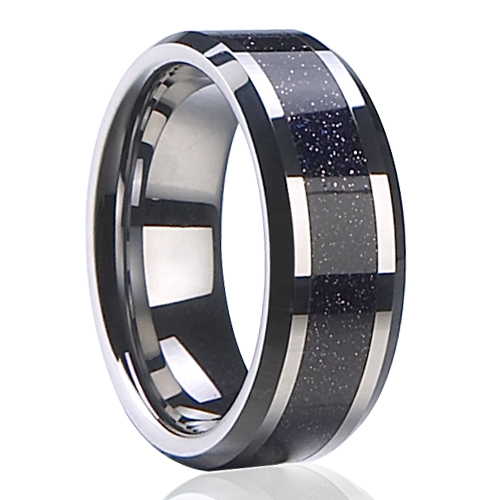 Tungsten Carbide Wedding Ring Goldstone Inlay Beveled Edge Polished Finish Wedding Band