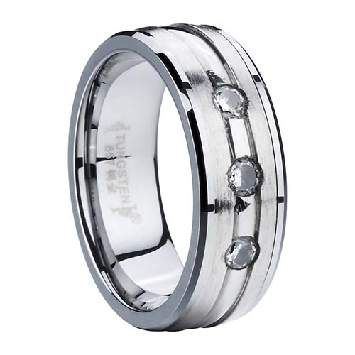 Tungsten Ring with Polished Stainless Steel and 3 Stone