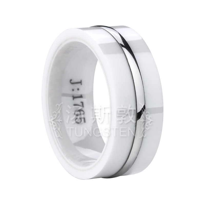 White Flat Ceramic Rings With Single Stainless Steel Inlay For Christmas