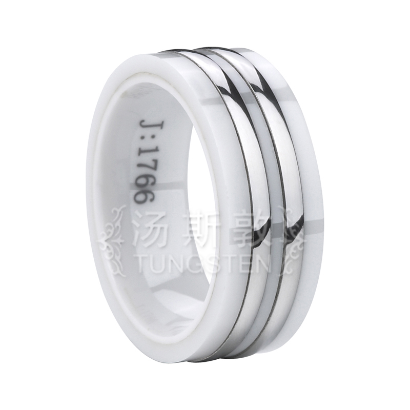 White Flat Ceramic Wedding Rings With Double Stainless Steel Inlay For Christmas