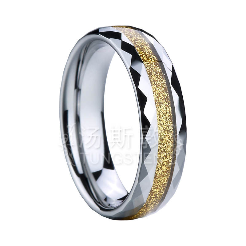 Yellow Carbon Fiber Inlaid Tungsten Ring with Faceted Edges