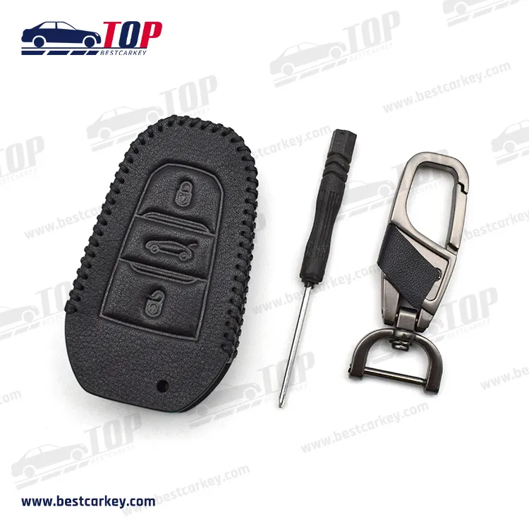 Funda de cuero popular para llave de coche de 3 botones para P-eugeot