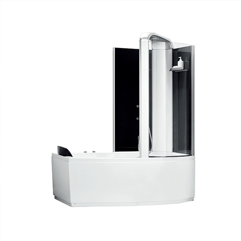 Flerfunktionell duschkabin med mörkgrå glasbaksida och schampohållare