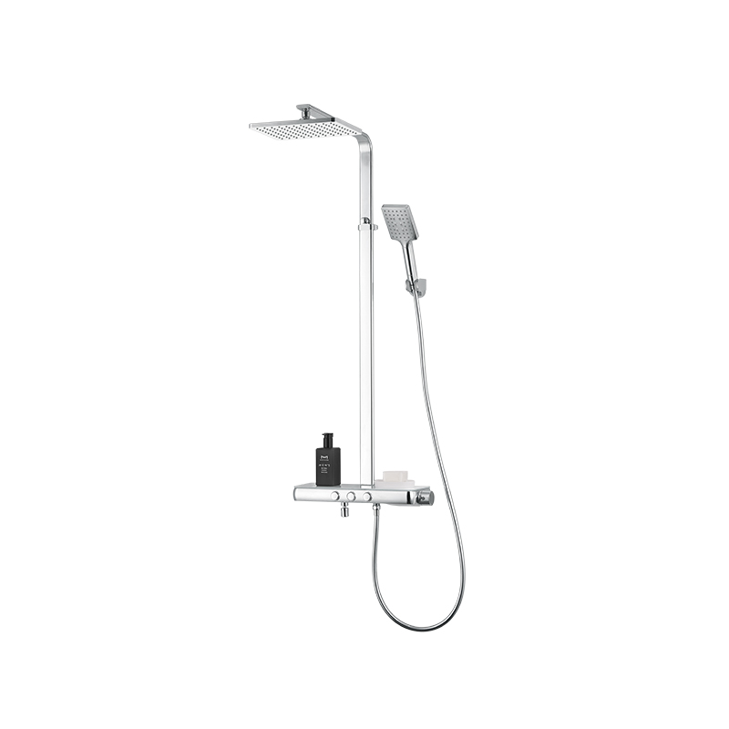 Thermostatic Button Control Stainless Steel Chromed 3-function na Stick Shower Set na may Malaking Shampoo Holder