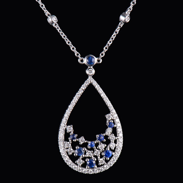 Natural Sapphire Diamond Cluster Pendant Necklace - 0