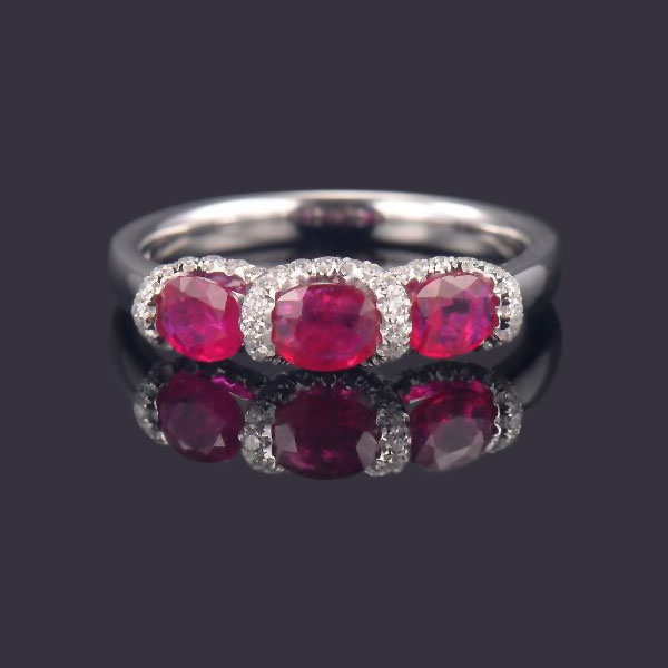 Natural Three-Stone Ruby Diamond Engagement Ring