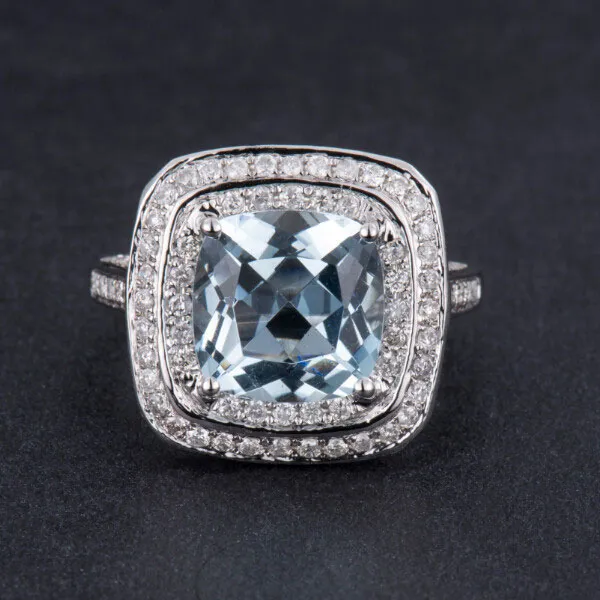Vintage Aquamarine Diamond Halo Engagement Ring