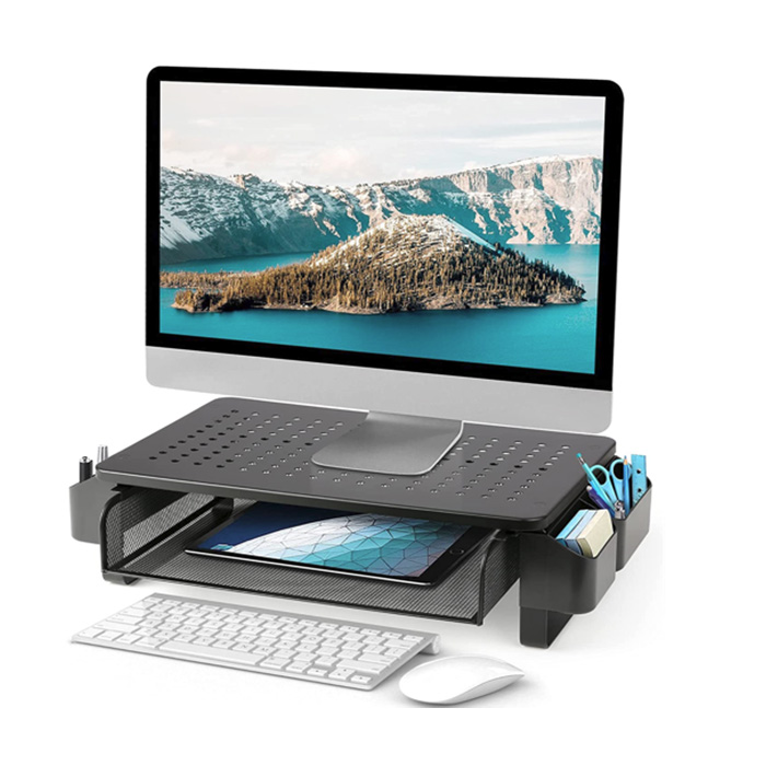 2021 Unique Design Metal Monitor Stand with Mesh Open Drawer and Side Plastic Pockets Patent Registered - 0