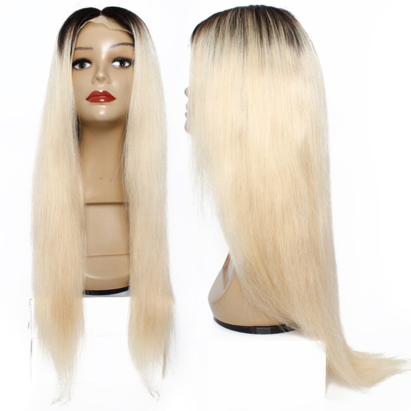 Ombre Blonde Lace Front Human Hair Wig Straight Remy in 1b/613 Color - 1