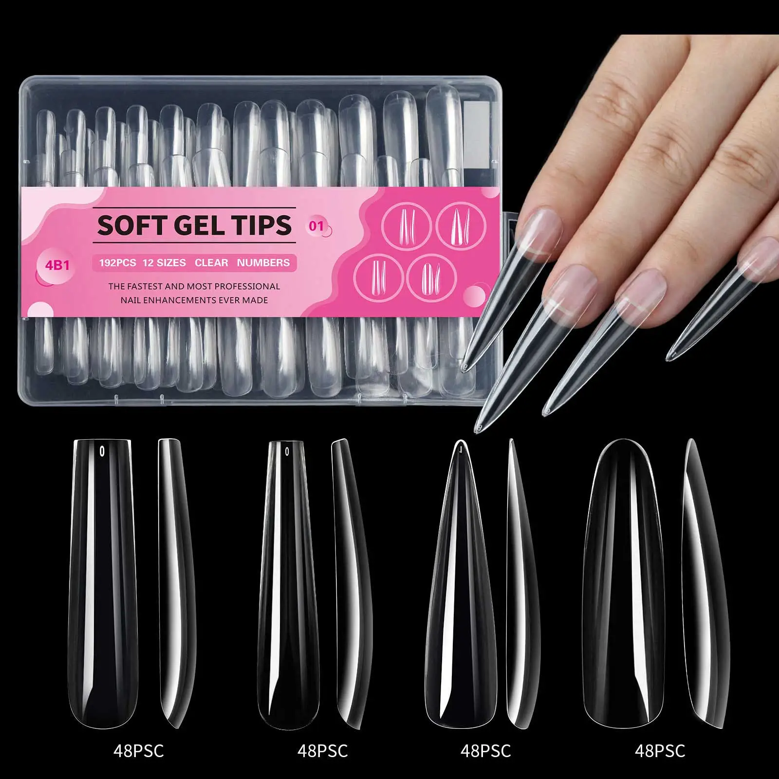 4 In 1 Clear Full Cover Coffin-midium Nail Tips