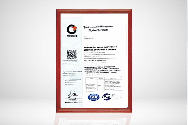 ISO14001 पर्यावरण प्रबंधन प्रणाली प्रमाणपत्र ODEER द्वारा 2017 में प्रदान किया गया है