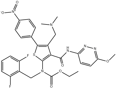 Carbamic acid, N-[(2,6-difluorophenyl)methyl]-N-[4-[(dimethylamino)methyl]-3-[[(6-methoxy-3-pyridazinyl)amino]carbonyl]-5-(4-nitrophenyl)-2-thienyl]-, ethyl ester