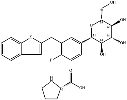 Kompd L-Prolin. dengan (1S)-1,5-anhydro-1-C-[3-(benzo[b]thien-2-ylmethyl)-4-fluorophenyl]-D-glusitol (1:1)
