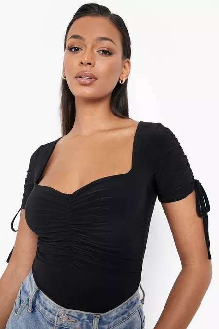 BLACK DOUBLE LAYER RUCHED DETAIL BODYSUIT