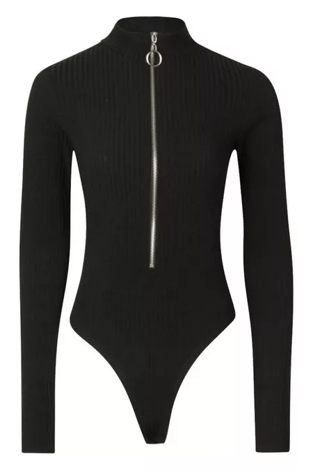 BLACK TALL LONG SLEEVE ZIP FRONT KNITTED RIB BODYSUIT