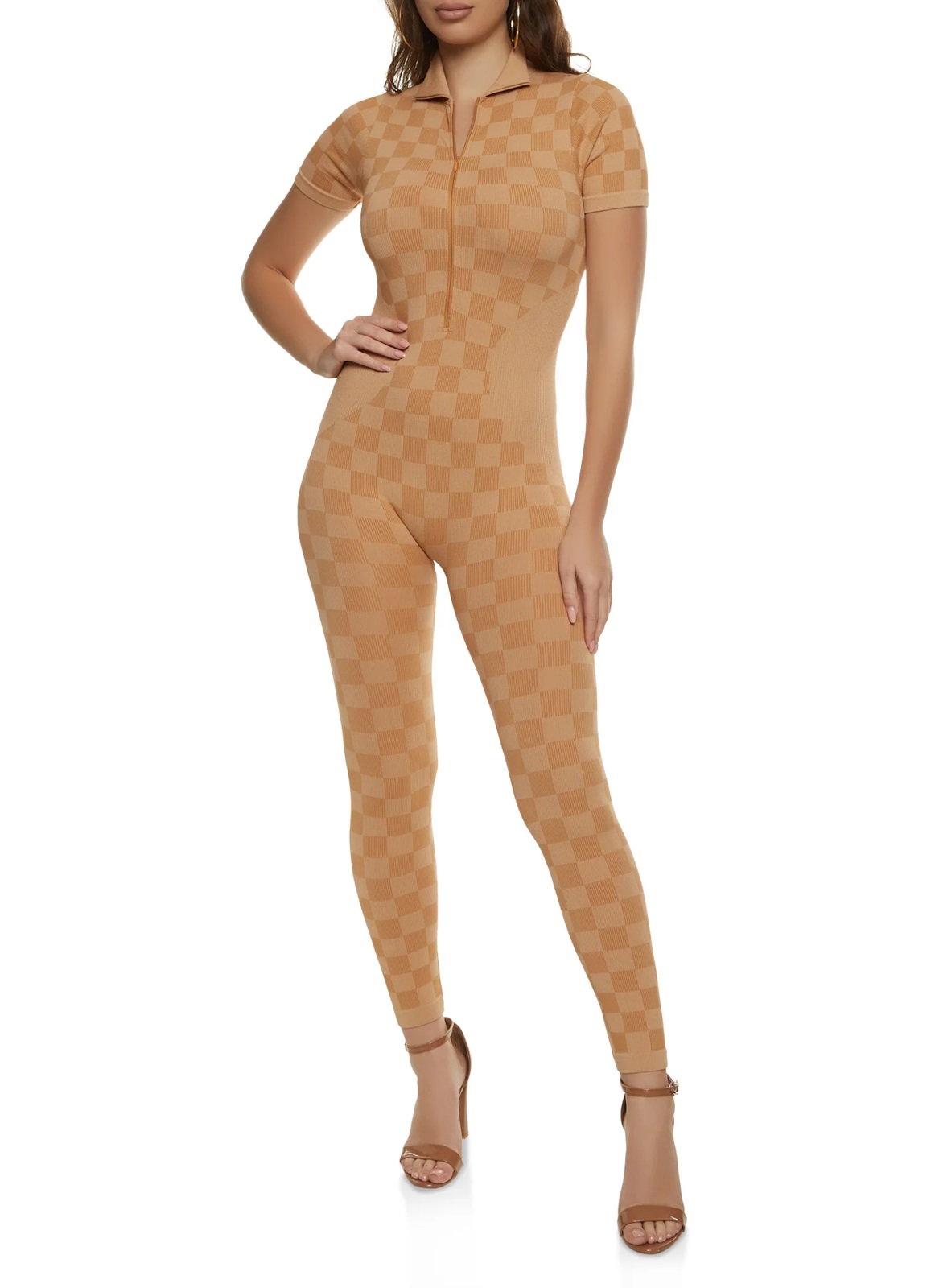 Checkered Seamless Zip Front Jumpsuit
