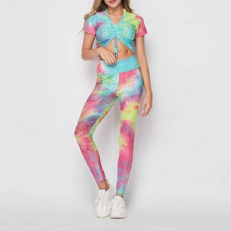Honeycomb Activewear Sets 2 Pcs with Tie Dye Brazilian Cinched Short Sleeve Top and TikTok Leggings