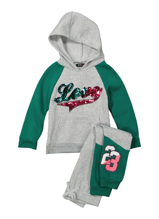 Little Girls Love Sequin Graphic Hoodie and Joggers - Green