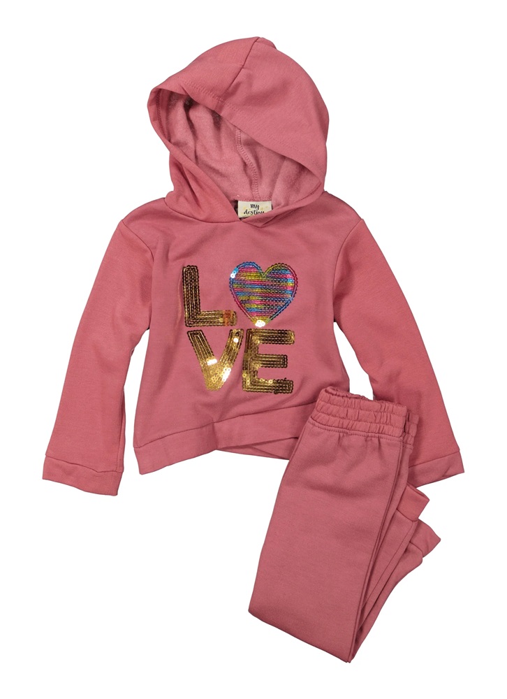 Toddler Girls Love Sequin Hoodie and Joggers - Burgundy