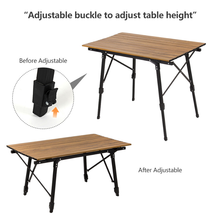Meja Berkemah Aluminium Butir Kayu Tinggi Portabel yang Dapat Disesuaikan