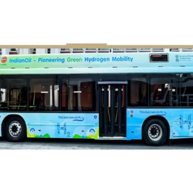Union ministers attend the rolling off of India's first green hydrogen fuel cell bus