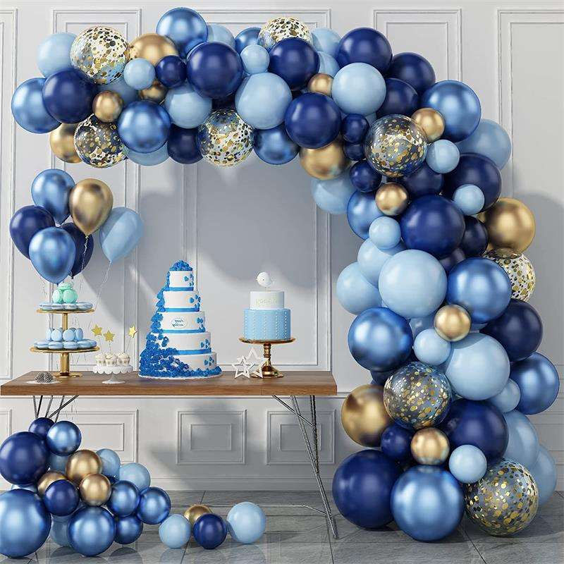 Ghirlandă cu baloane metalice albastre, confeti aurii