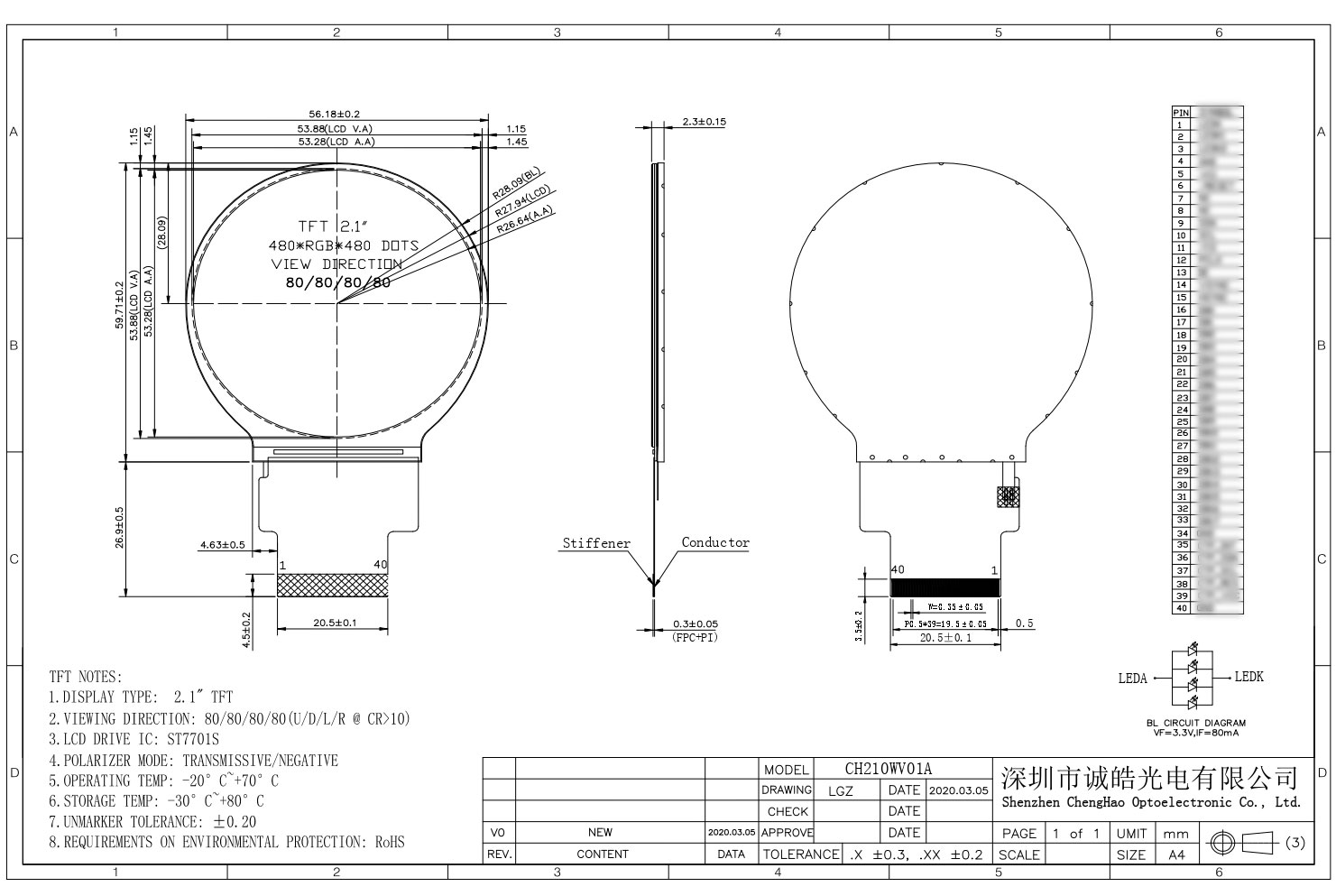 2,1-palcový okrúhly TFT displej 480*480 Všetky smery zobrazenia ST7701S