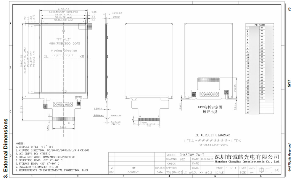 Industrial 4.3 Inch 480*800 Custom TFT Display Modules