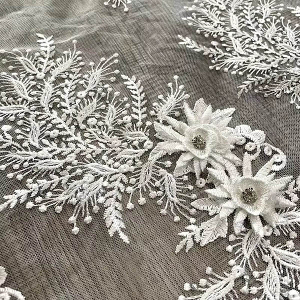 3D Floral Tulle Lace Fabric with Rhinestone