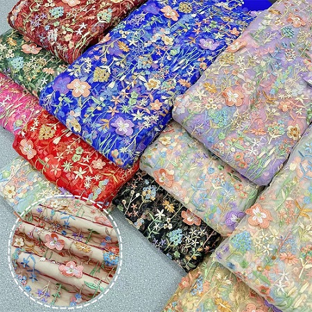 tecido bordado de malha 3D multicolorido com flores tecido bordado para vestido de vestuário